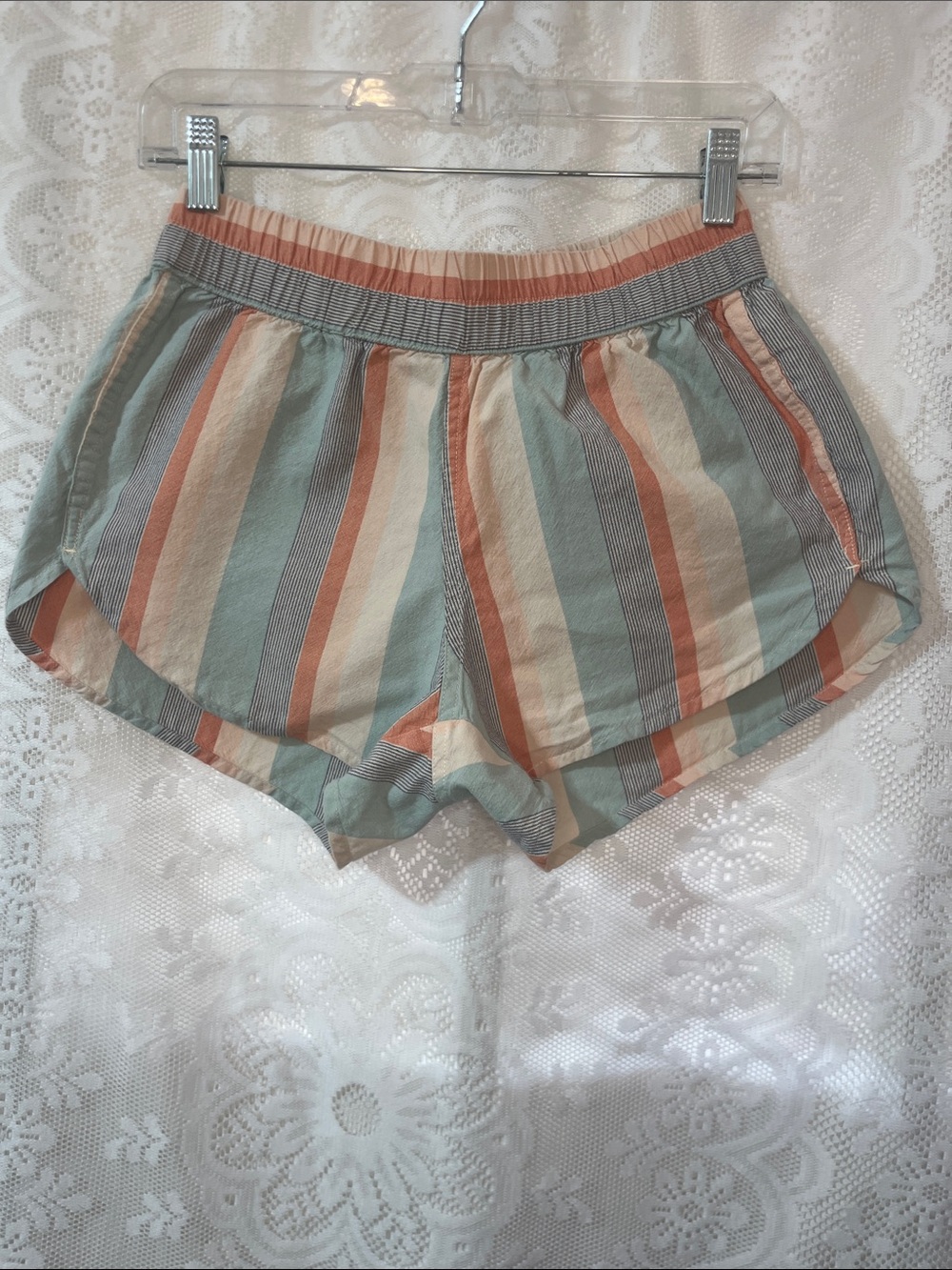 Kavu Striped Elastic Waist Running Shorts in Mint, Coral, Cream
